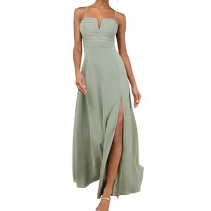 NWT Lulus Sweeney Sage Brush Sleeveless Maxi Dress M Ruched V-Bar‎ Slit Green